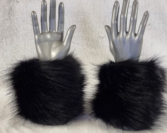 A Pair of Beautiful Shiny Black Faux Fur Cuffs -Fleece Lined  Elasticated at One End-Faux Fur Cuffs-Fluffy Cuffs- Black Cuffs-Cruelty Free