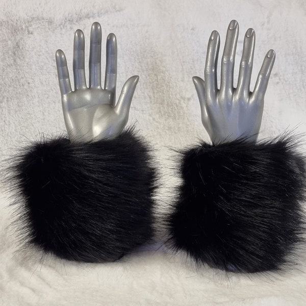 A Pair of Beautiful Shiny Black Faux Fur Cuffs -Fleece Lined  Elasticated at One End-Faux Fur Cuffs-Fluffy Cuffs- Black Cuffs-Cruelty Free