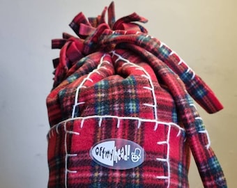 Original Off My Head Hat Tartan Fleece Hat with Blanket Stitch Detail Double Fleece- Fleece Tie Yop Hat-Off My Head Hats