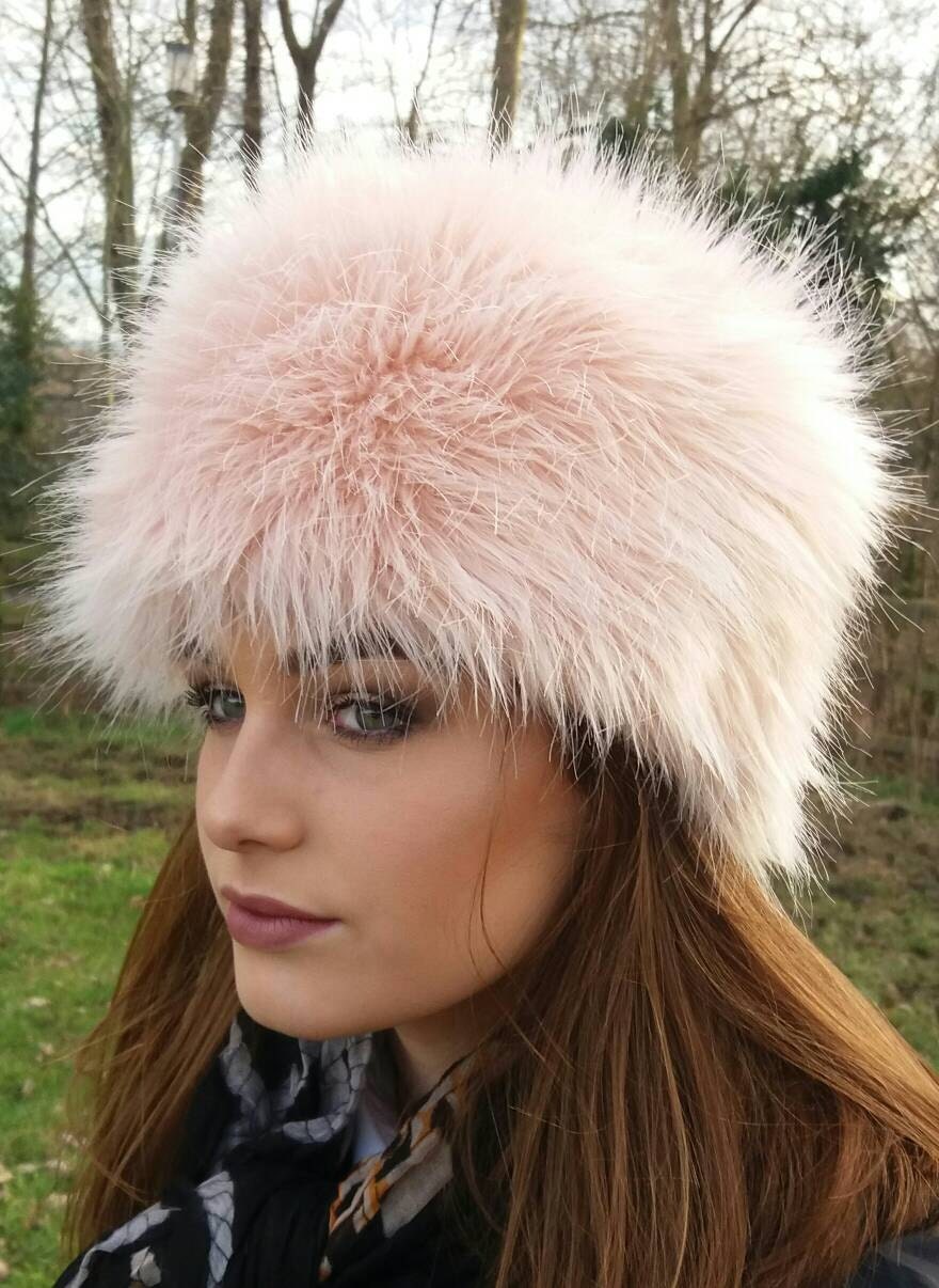 Pale Peachy Pink Luxury Faux Fur Hat-Polar Fleece Lining-Ladies