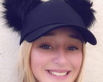 Fabulous Fluffy Pom Pom Baseball Cap- Black baseball Cap- Black Pom Pom