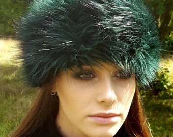 Emerald Green Faux Fur Headband-Neckwarmer-EarwarmerHead Wrap-Fur Head Wrap-Handmade in Lancashire England