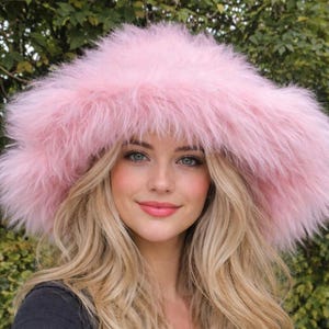 Mega Fluffy-Extra Wide Wire Brim -Fuzzy Bucket Hat-Pink Oversized Bucket Hat -Cruelty Free-Wide Brim-Pamela Anderson-Pink Fur