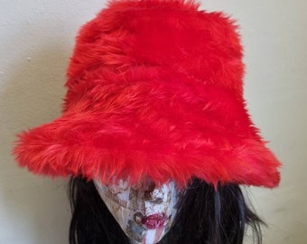 Red Fun Fur Faux Fur Bucket Hat-Festival Hat-Floppy Hat-Fur Hat-Fake Fur Hat-Rave Hat-Fur Hat-Red Fur Hat- Furry Bucket Hat-Red Bucket Hat