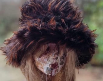 Brown Bronze Tips Extra Wide Wire Brim Fuzzy Bucket Hat-Oversize Bucket Hat -Fake Fur Hat-Rave Hat-Brown-  Bucket Hat-Cruelty Free