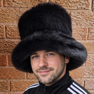 6 inch Tall Black Faux Fur Hat | JK Style Hat | Space Cowboy Style Hat | Oversized Bucket Hat | Festival Hat | Handmade Statement Hat UK