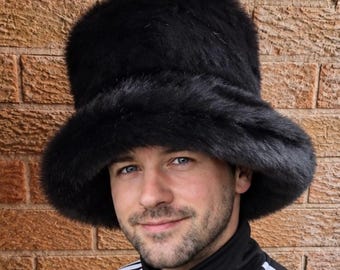 6 inch Tall Black Faux Fur Hat | JK Style Hat | Space Cowboy Style Hat | Oversized Bucket Hat | Festival Hat | Handmade Statement Hat UK