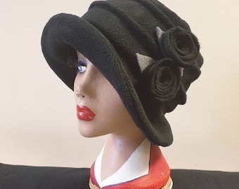 Black Fleece-Cloche Hat with Black Flower Detail-Polar Fleece Lining-Downton Abbey Hat-Womens Fleece Winter Hat-1930's-Ladies Winter Hat