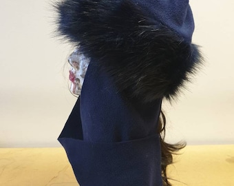 Frieda Scarf Hat-Navy Faux Fur Hat with Navy Fleece Top and Long Fleece Sides- Navy Fur Hat-Midnight Blue- Full Polar Fleece Lining