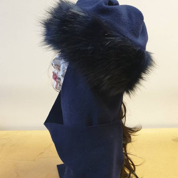 Frieda Scarf Hat-Navy Faux Fur Hat with Navy Fleece Top and Long Fleece Sides- Navy Fur Hat-Midnight Blue- Full Polar Fleece Lining
