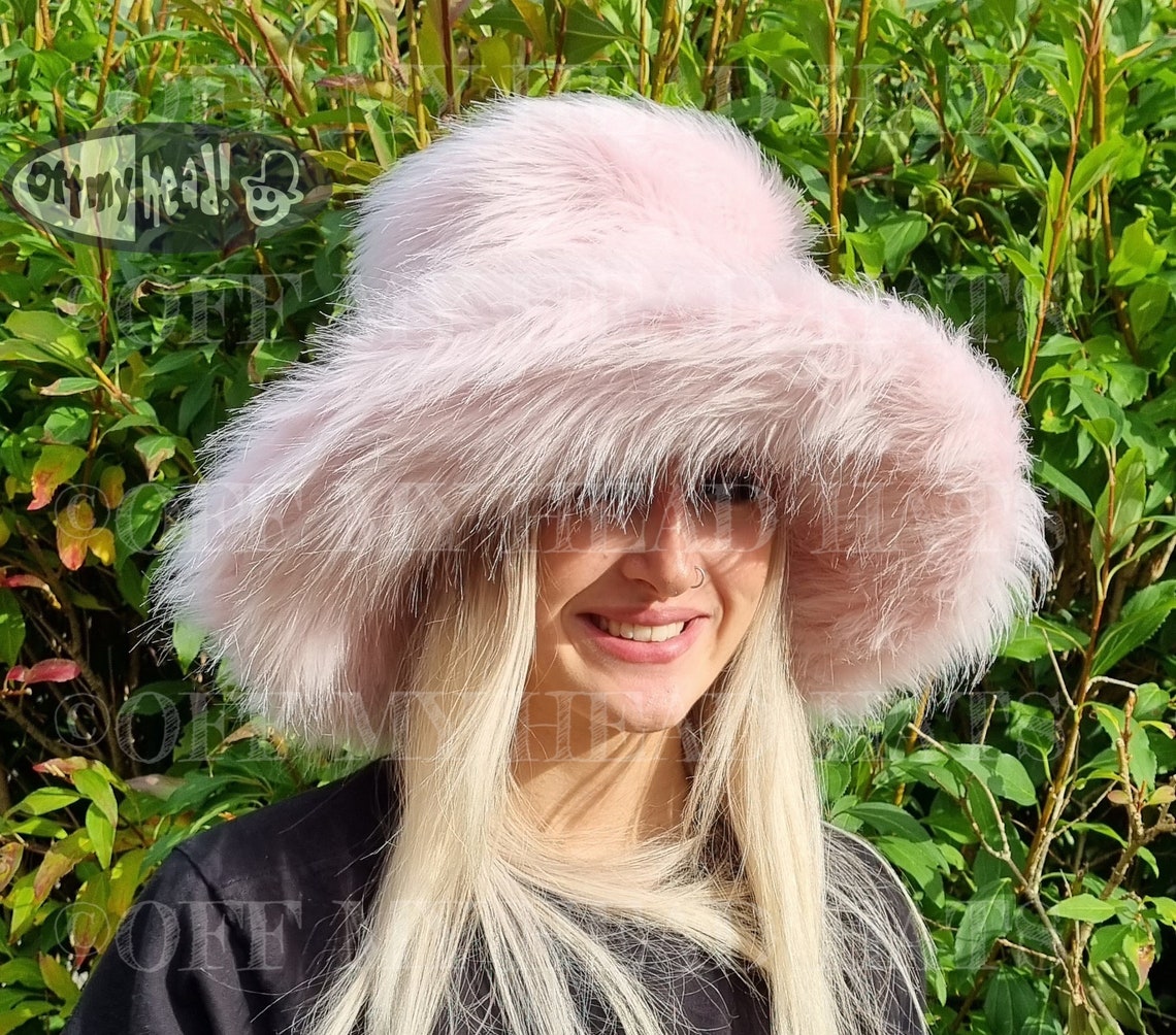 Extra Wide- Wire Brim Pale Pink Fuzzy Bucket Hat-pink Fur Hat-fake Fur ...