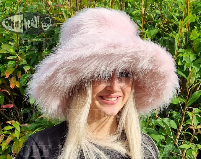 Featured listing image: Extra Wide- Wire Brim Baby Pink Fuzzy Bucket Hat-Pink Fur Hat-Fake Fur Hat-Rave Hat-Pink Bucket Hat-Vegan fur hat-Pam Anderson-Oversized Hat