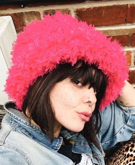Frilly Pink Faux Fur Bucket Hat 