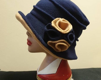 Navy and Camel Fleece Cloche Hat-Downton Abbey Hat-Womens Fleece Hat-Womens Fleece Winter Hat-1930's-Vintage Style Hat-Ladies Winter Hat