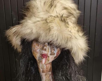Fluffy White with Black Bits Fuzzy Bucket Hat-Festival Hat-Floppy Hat-Fur Hat-Fake Fur Hat-Rave Hat-Pink Bucket Hat-vegan friendly hat-