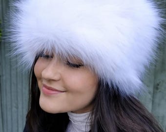 White Faux Fur Hat Russian Style with Cosy Polar Fleece Lining-Fur Hat-Fake Fur Hat-Winter Hat-Long Fur Hat-Cossack Hat-White Fur Hat