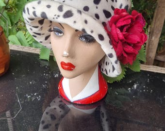 Dalmation Print Faux Fur Hat with Raspberry Peony Brooch-Polar Fleece Lining-Downton Abbey Hat-Womens Fleece Hat-1930's-Ladies Winter Hat