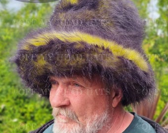 5 inch Tall Yellow-Black Fluffy Hat-JK Style Hat-Space Cowboy Style Hat-Fake Fur Black Hat- Stovepipe Hat- Black Top Hat-Yellow-Cruelty Free