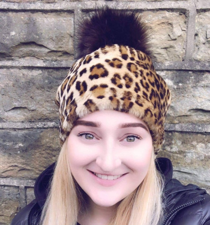 Leopard Print Faux Fur Pom Pom Hat-Fully Lined with Polar Fleece-Pom Pom-Fake Fur Hat-Cream Hat-Ladies Winter Hat-Fleece Hat-Animal Print