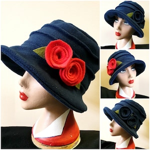 Navy Blue Fleece Hat-Polar Fleece Lining-Downton Abbey Hat-Womens Fleece Hat-Womens Fleece Winter Hat-1930&#39;s-Ladies Winter Hat-Blue Fleece