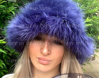 Purple Blue Fuzzy Bucket Hat-Festival Hat-Floppy Hat-Fur Hat-Fake Fur Hat-Rave Hat-Purple Bucket Hat-Blue Fur Hat-vegan friendly hat