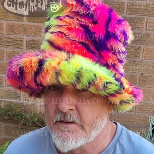 Tall Multi Colour Faux Fur Hat-JK Style Hat-Space Cowboy Style Hat-Bill Sykes Hat- Stovepipe Hat-Coloured Fur Top Hat-Cruelty Free