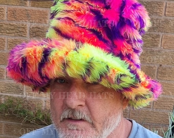 Tall Multi Colour Faux Fur Hat-JK Style Hat-Space Cowboy Style Hat-Bill Sykes Hat- Stovepipe Hat-Coloured Fur Top Hat-Cruelty Free