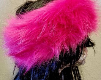 Shocking Pink Faux Fur Headband- Neckwarmer- Earwarmer-Fur Headband-Hot Pink Headband-Head Wrap-Fur Head Wrap-Handmade in Lancashire England