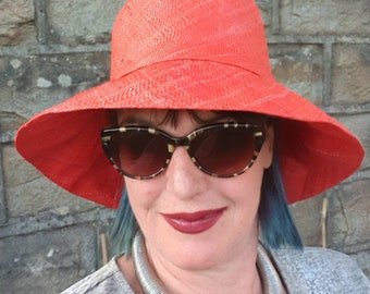Orange/Red Raffia Cloche-20's Style Sun Hat-Medium Brim