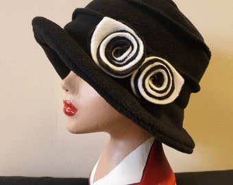 Black Polar Fleece Hat-Cosy Fleece Lining-Black and White Flowers-Downton Abbey-Peaky Blinders-Cloche Hat-Black Fleece Hat-Black Winter Hat