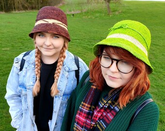 Crochet Raffia Hat in Chestnut Brown or Lime Green