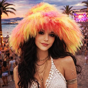 May include: A woman wearing a brightly coloured faux fur hat in shades of yellow, orange, and pink. She is also wearing a white halter top and multiple gold necklaces. The background shows a beach scene with a crowd of people.