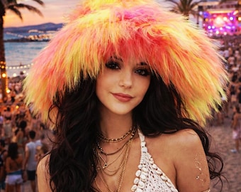Multicolour Faux Fur Festival Hat-Ibiza Style Fluffy Statement Hat,Bold Summer Rave Hat