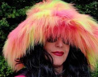 Mega Fluffy Extra Wide Wire Brim Fuzzy Bucket Hat-Pink and Yellow Oversized Bucket Hat -Vegan friendly-Wide Brim-Festival-Pink Fur-Yellow