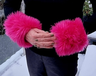 Shaggy Shocking Pink Cuffs- Jacket Cuffs- Festival-Fluffy Wrist Warmers-Shocking Pink Fur-Fur Cuffs