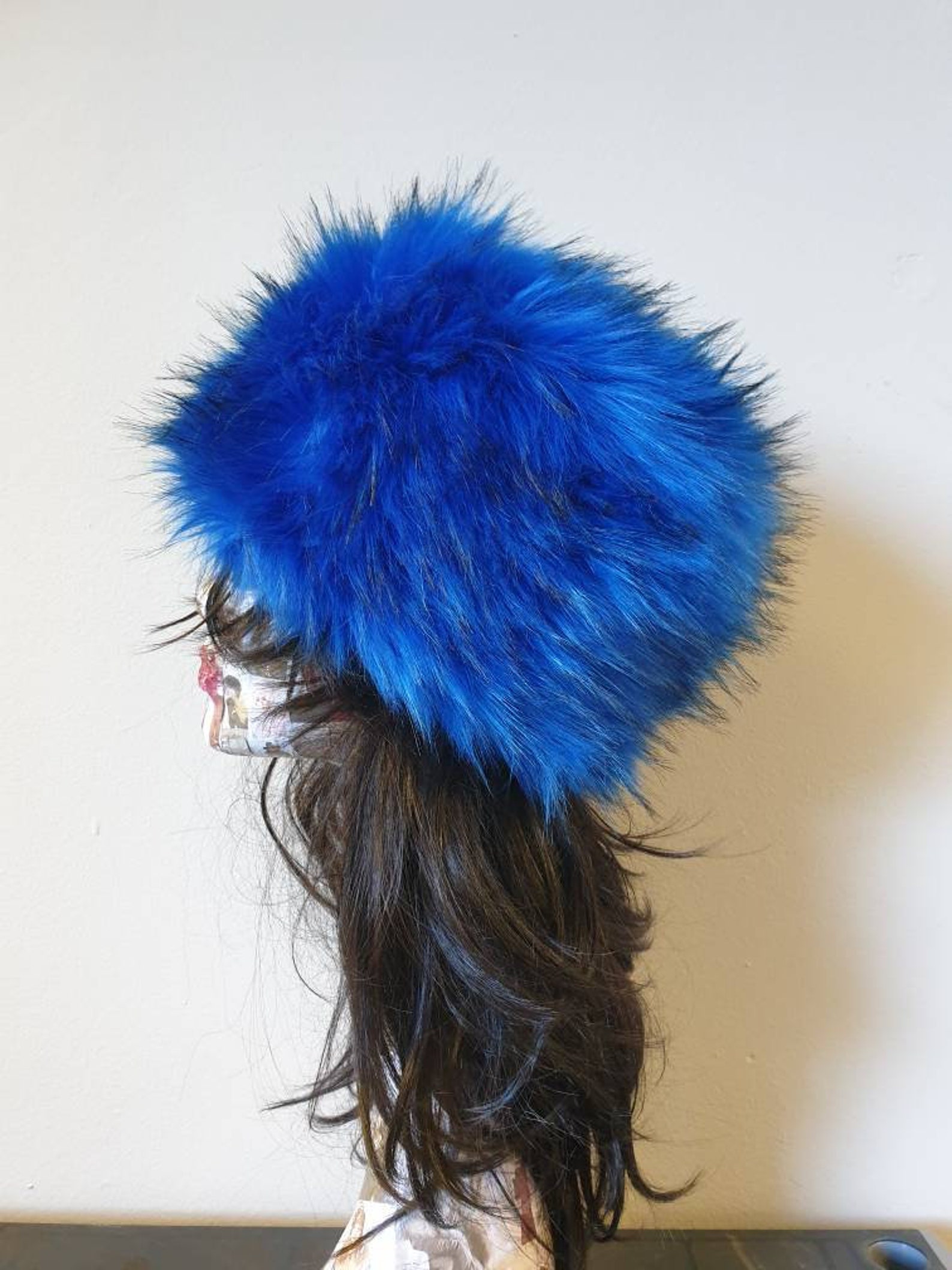 Royal Blue Long Luxury Faux Fur Hat With Cosy Polar Fleece | Etsy UK