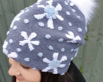 Snowflake Pattern Bouclé Slouchy Hat Large White Pom Pom-Fully lined with Polar Fleec-Fur Pom Pom Hat-Womens Fleece Hat-Faux Fur Pom Pom