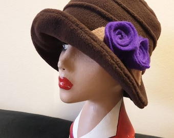 Chocolate Brown Fleece Cloche Hat with Purple Flowers-Fleece Lining-Downton Abbey Hat-Womens Fleece Hat-Ladies Winter Hat-Brown Polar Fleece