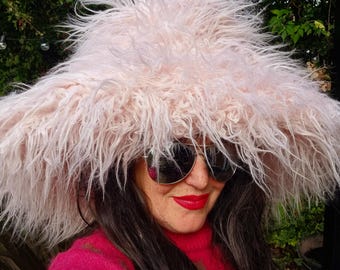 Mega Fluffy Pink Hat -Extra Wide Wire Brim -Fuzzy Bucket Hat-Pink Oversized Bucket Hat -Cruelty Free-Wide Brim-Pamela Anderson-Pink Fur