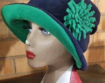 Fleece Cloche Hat: Navy Blue & Green, Downton Abbey Style