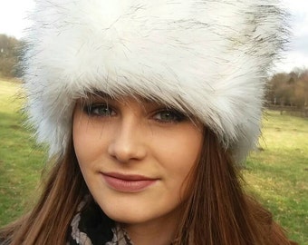 Husky Faux Fur Hat with Black Tips Russian Style- Polar Fleece Lining-Fur Hat-Fake Fur Hat-Winter Hat-Long Fur Hat-Cossack Hat-White Fur Hat