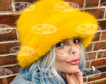 Canary Yellow Luxury Faux Fur Bucket Hat-Festival Hat-Fur Hat-Fake Fur Hat-Rave Hat-Mustard Fur Hat- Fuzzy Bucket Hat-Gold Bucket-Mustard