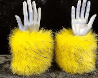 Fluffy Canary Yellow Faux Fur Cuffs- Faux Suede Lining and Elasticated at One End-Faux Fur Cuffs-Fluffy Cuffs-Yellow Fur- Cruelty Free