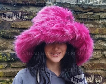 Magenta Pink Extra Wide Wire Brim Fuzzy Bucket Hat-Floppy Hat-Pink Fur Hat-Fake Fur Hat-Rave Hat-Pink Bucket Hat-Vegan friendly hat