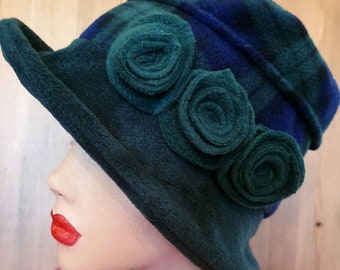 Dark Green and Tartan  Fleece Hat-Polar Fleece Lining-Downton Abbey Hat-Womens Fleece Hat-Womens Fleece Winter Hat-1930's-Ladies Winter Hat
