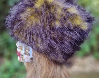 Yellow and Dark Grey Faux Fur Hat-Fleece Lining- Wintet Fur Hat-Black Fur Hat-Yellow-Cruelty Free-Vegan Fabric