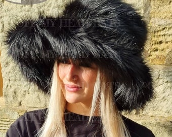 Extra Wide Wire Brim Black Fuzzy Bucket Hat-Black Fur Hat-Fake Fur Hat-Ascot Hat-Black Bucket Hat-Vegan friendly hat-Pammy Hat-Oversized hat