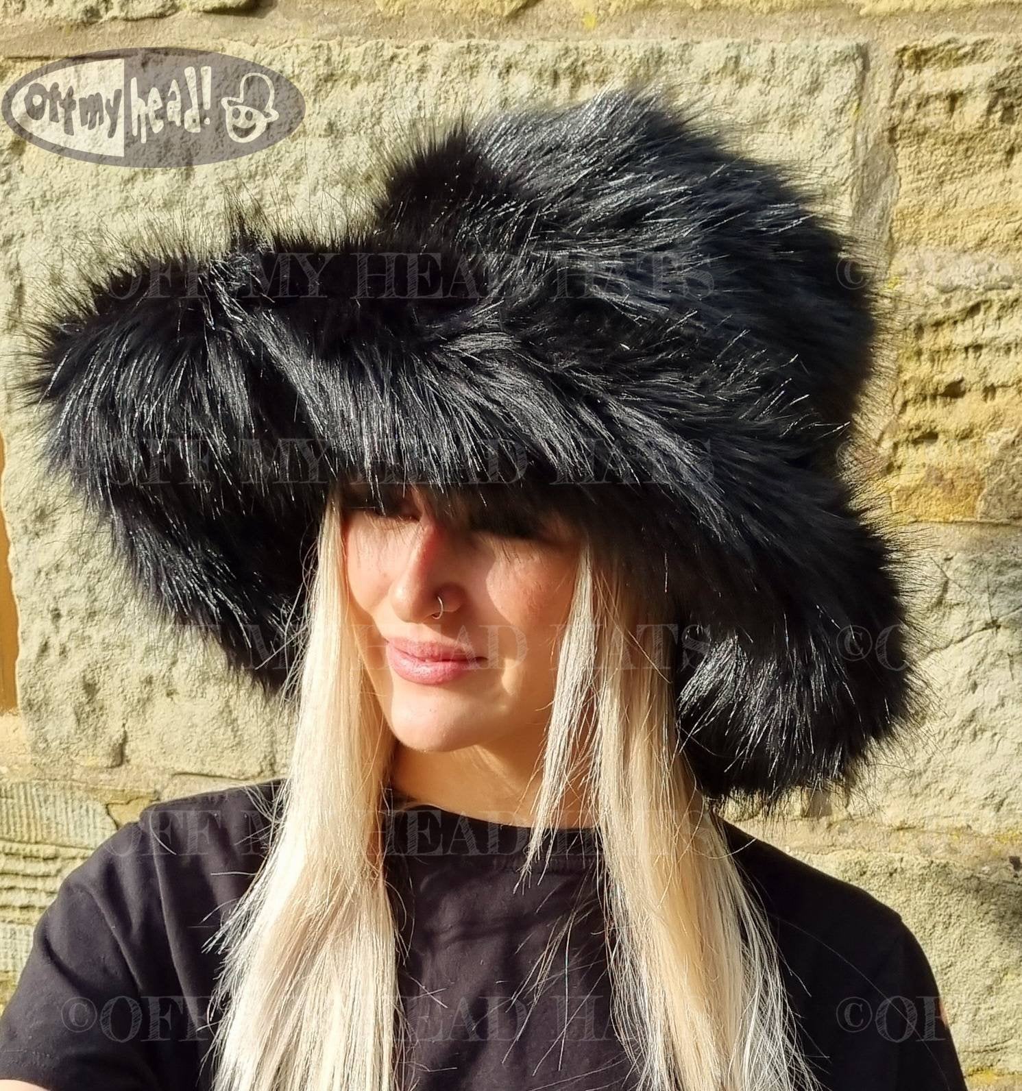 Extra Wide Wire Brim Black Fuzzy Bucket Hat-black Fur Hat Extra Wide Wire Brim Black Fuzzy Bucket Hat-black Fur Hat