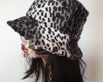 Silver Leopard Print Short Faux Fur Bucket Hat-Fleece Lining-Furry Bucket Hat-Animal Print Bucket Hat-Festival Hat