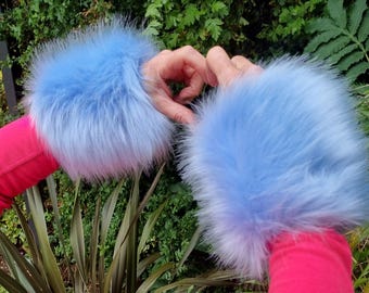 A Pair of Beautiful Fluffy Blue Faux Fur Cuffs -Lined and Elasticated at One End-Faux Fur Cuffs-Fluffy Cuffs-Baby Blue Cuffs-Cruelty Free